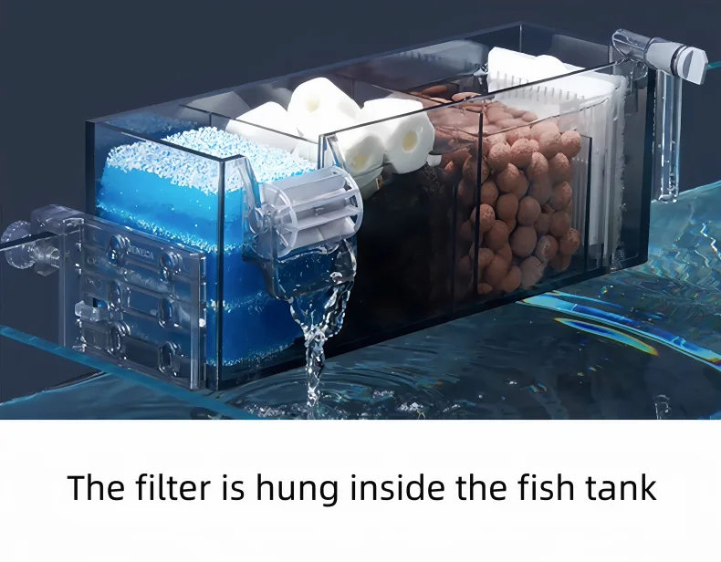 The filter is hung inside the fish tank